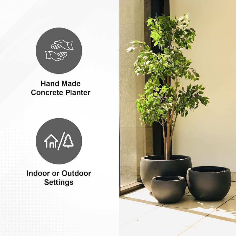 Kante Lightweight Concrete Outdoor Round Planter, Set of 3, 13", 10.5" and 8" Tall, Charcoal