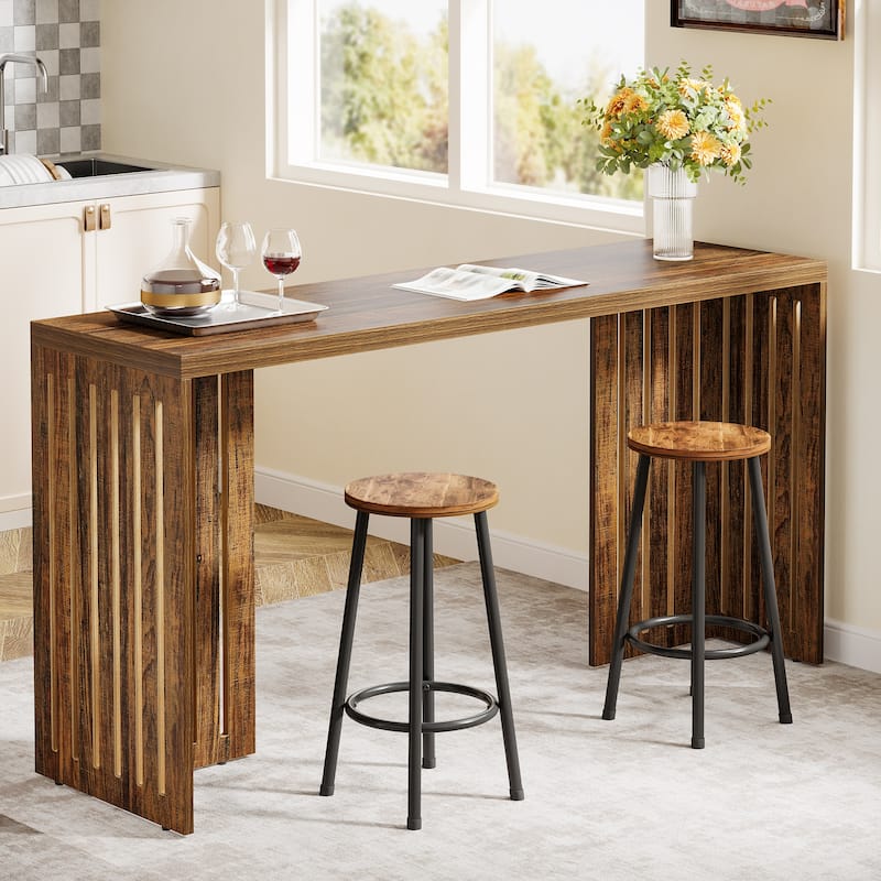 63-Inch Bar Table, Industrial Counter Height Pub Table with Louvered Base - Rustic Brown