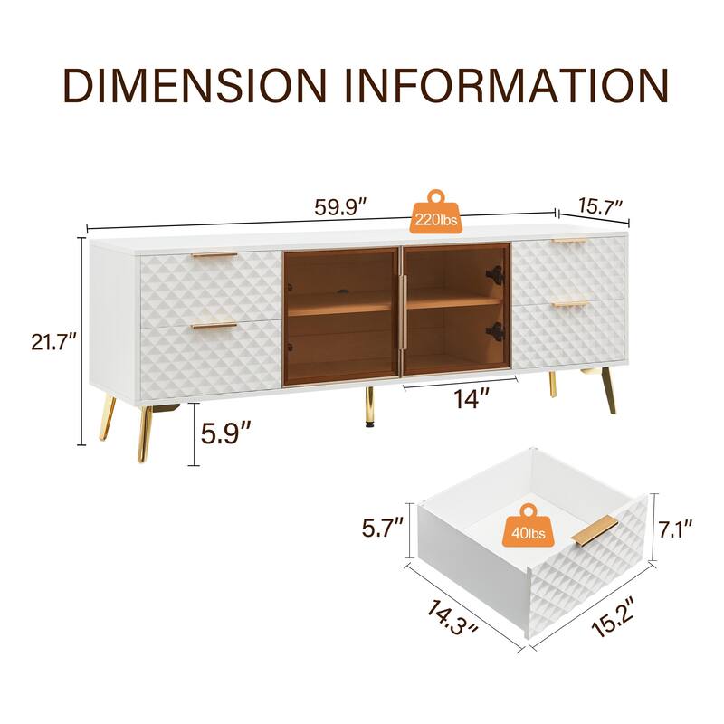 59.9" TV Stand with Geometric Design and 4 Drawers with 2 Shelves