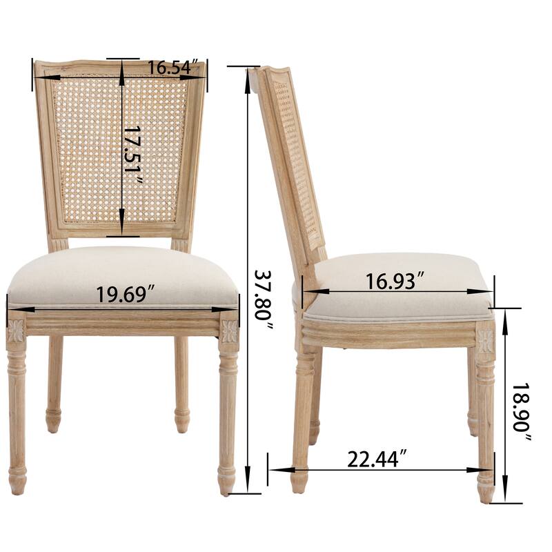 French Dining Chairs Set of 2, Upholstered Chairs with Nature Rattan T-shaped Back, carving techniques ,Disassemblable