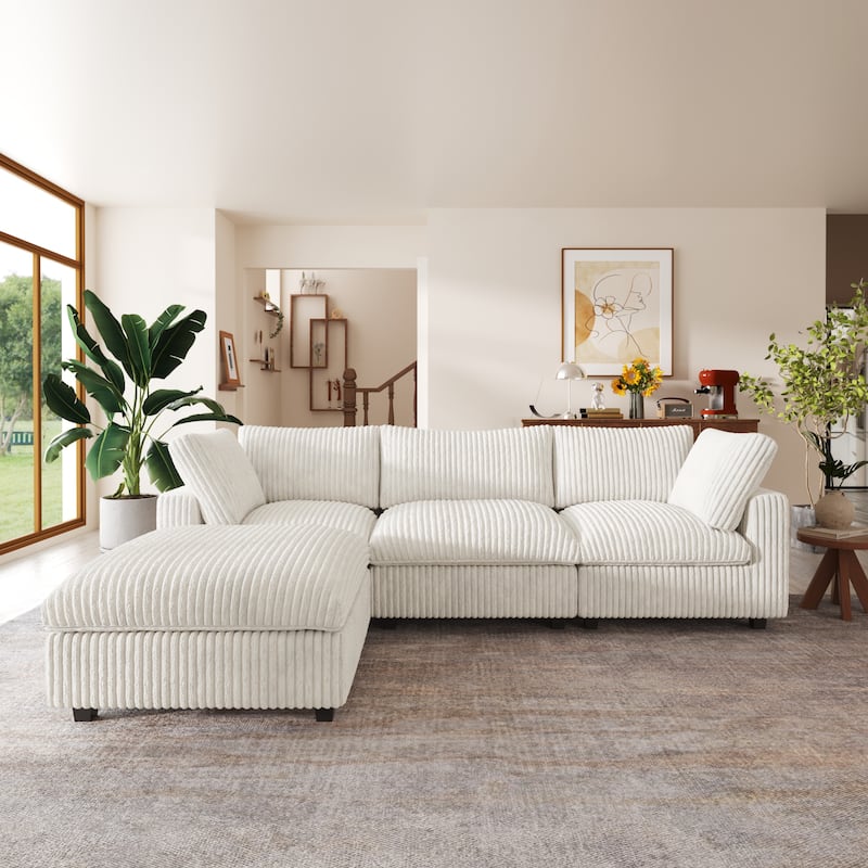 Large L-shape Plush Fabrics Upholstery Sectional Sofa Down Filled Cloud Couch - Beige