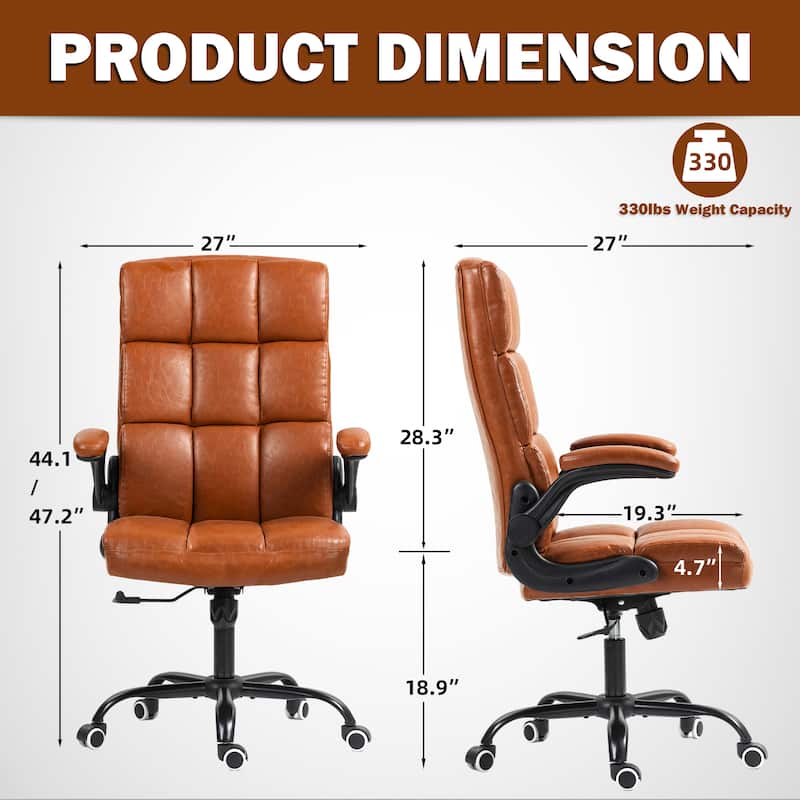 EROMMY Mid-Century Modern Leather Office Chair with Wheels, Ergonomic Rolling Desk Chair, Flip-Up Arms.