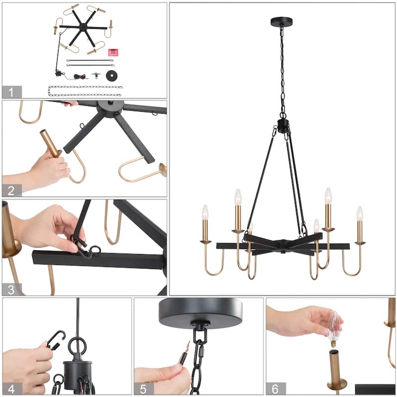 Mid-Century Modern 6-Light Wheel Chandelier French Country for Dining Room