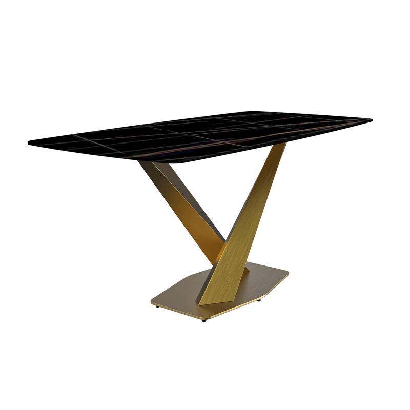 Voren Dining Table with Rectangular Top and Stainless Steel Base - 55 Inch - Black/Gold