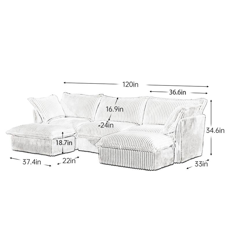 Modern 3 Seater Upholstered Sofa with 2 Ottomans and 2 Pillows