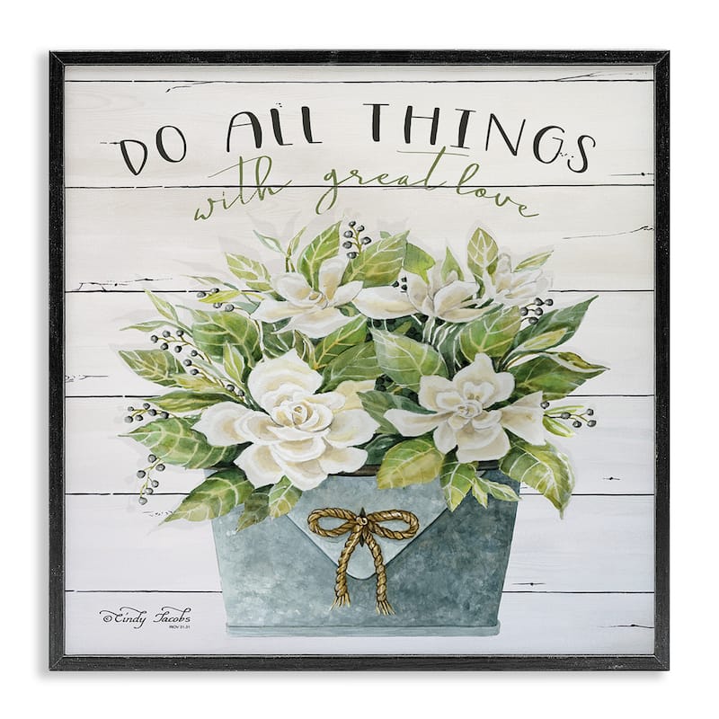 Stupell Do All Things With Great Love Floral Magnolia Pail Planked Look, 12 x 12, Design By Artist Cindy Jacobs - Multi-Color - 24 x 24 - Wood - Black