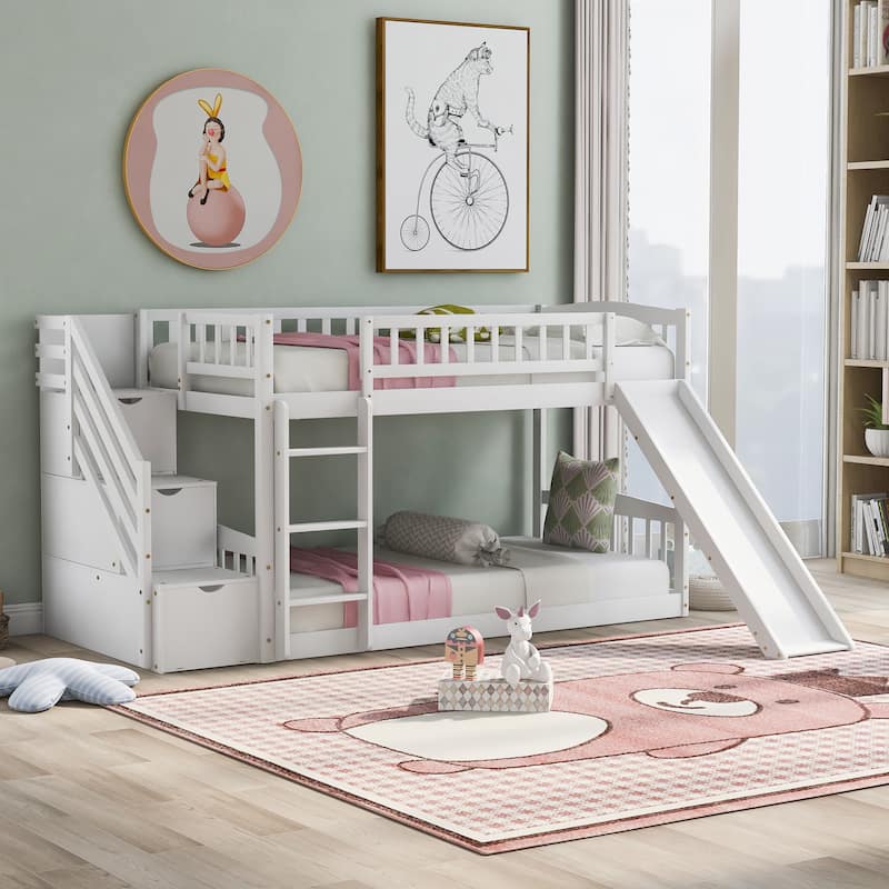 Stairway Bunk Bed with Two Drawers and Slide - White-1
