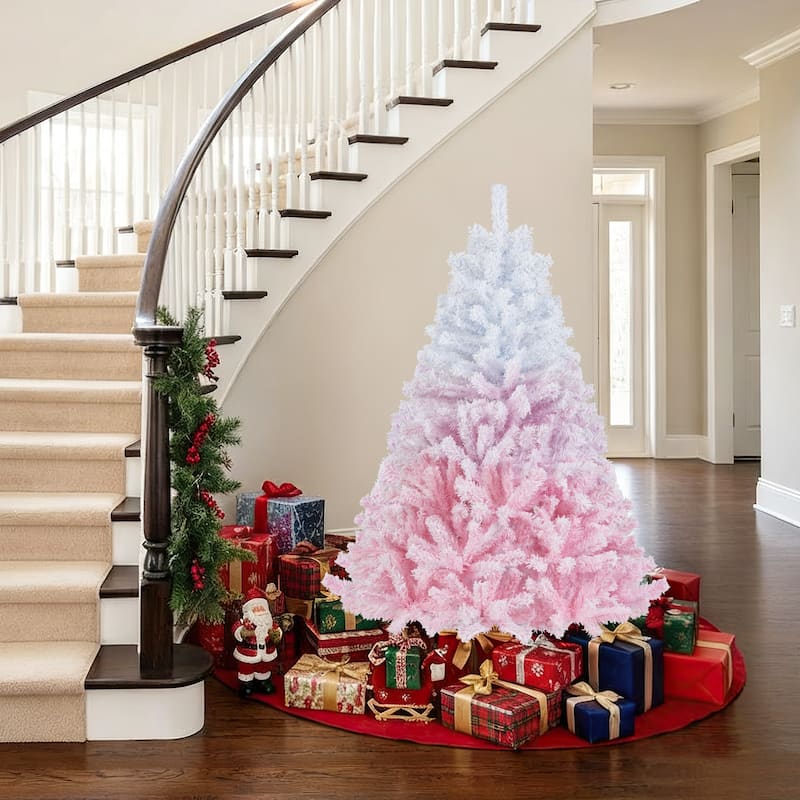 Gymax Artificial Christmas Tree Hinged Snow Flocked Xmas Tree w/ Lush - Pink, White