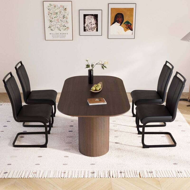 5-Piece Modern Dining Table Set, Kitchen Table Set with 4 Armless Leather Chairs & C-shaped Base for Dining Room - Black+Brown