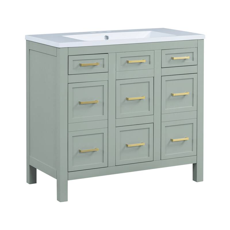 36" Bathroom Vanity Cabinet with Center Rectangular Resin Sink, 4 Drawers Bathroom Storage Cabinet w/ Adjustable Shelves, Green