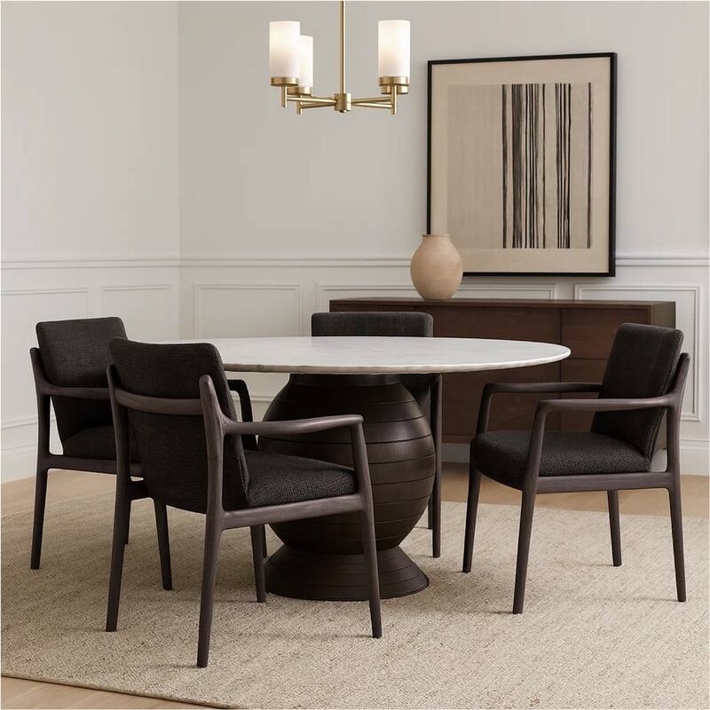 Hizy Dining Table, 60 Inch, Round White Marble Top, Acacia Wood Base - White, Espresso Brown