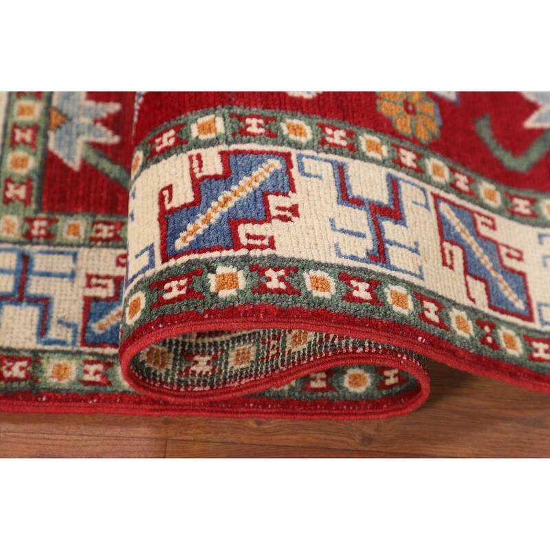 Geometric Red Kazak Accent Rug Hand-Knotted Foyer Wool Carpet - 2'9" x 4'1"