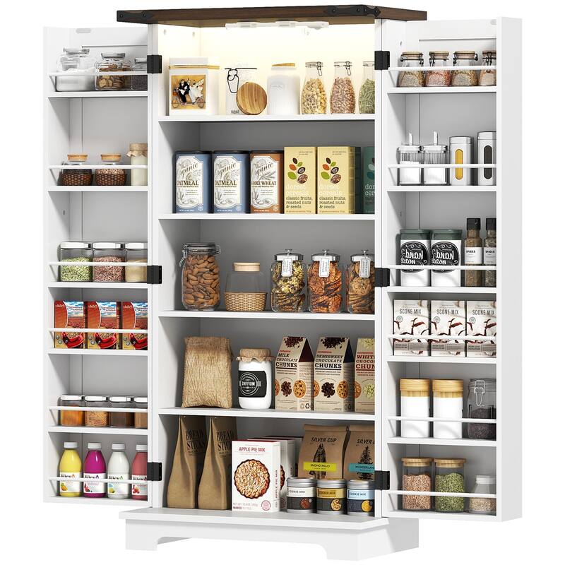 5-Tier White Kitchen Pantry Storage Cabinet with LED Sensor Light and Barn Door Design - 23.6" W x 15.7" D x 47.2" H