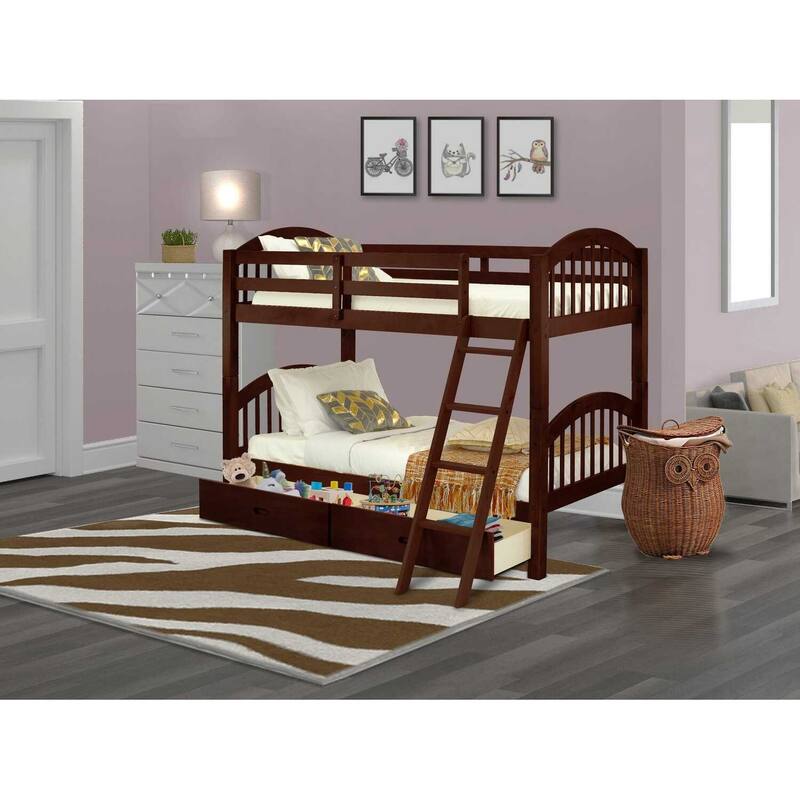 Twin Bunk Beds With Drawers & Ladder - Space Saving Wood Bunk Bed Frame - Java Finish