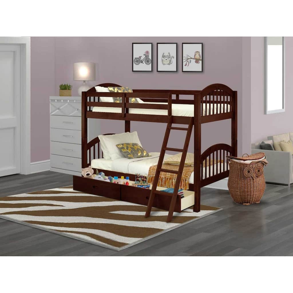Twin Bunk Beds With Drawers & Ladder - Space Saving Wood Bunk Bed Frame - Java Finish