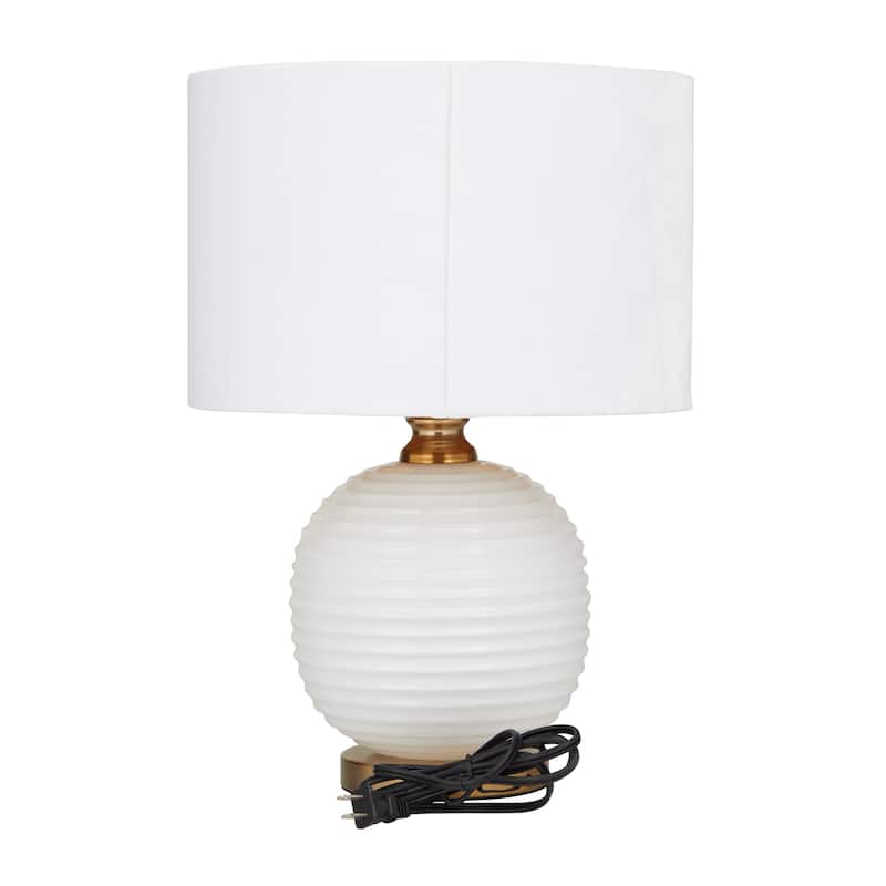 White Glass Ribbed Room Table Lamp with Gold Accents
