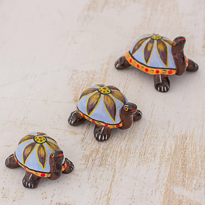 Novica Handmade Flower Turtles In Blue Ceramic Sculptures