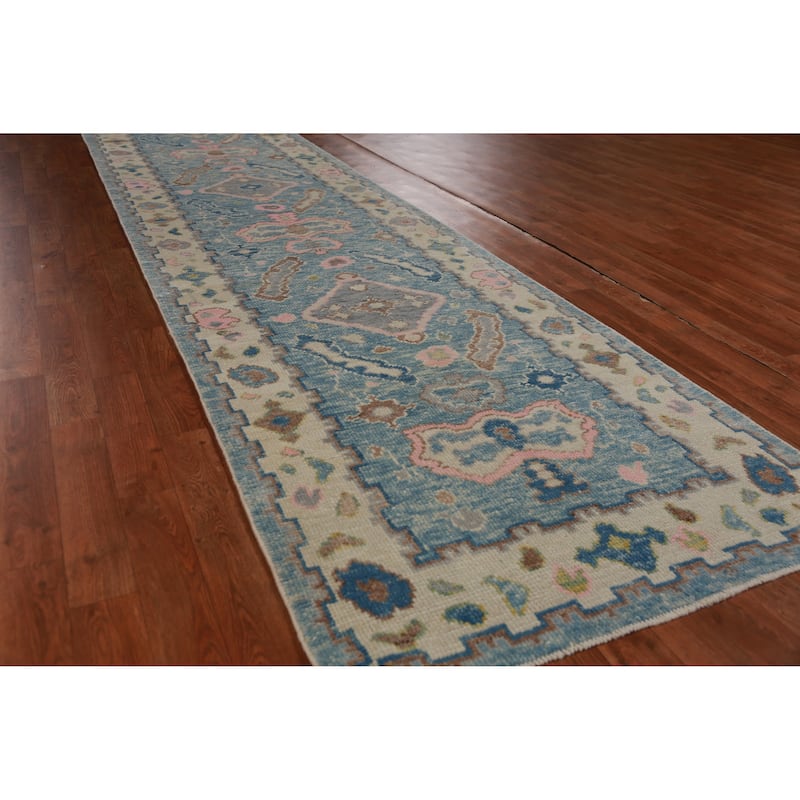 Hand Knotted Oriental 100% Wool Carpet Transitional Geometric Navy Blue & Blues Oushak Runner Rug - 14' 1'' X 3' 2''