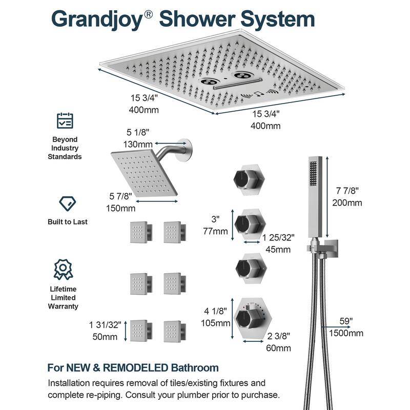GRANDJOY LED Music Shower System 16" & 6" Dual Shower Heads with 6 Body Jets