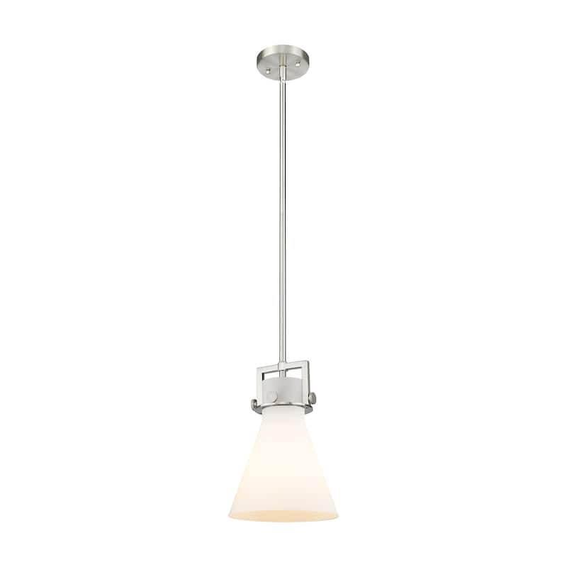 Innovations Lighting Newton Cone - 1 Light 8" Stem Hung Pendant - Satin Nickel/Matte White