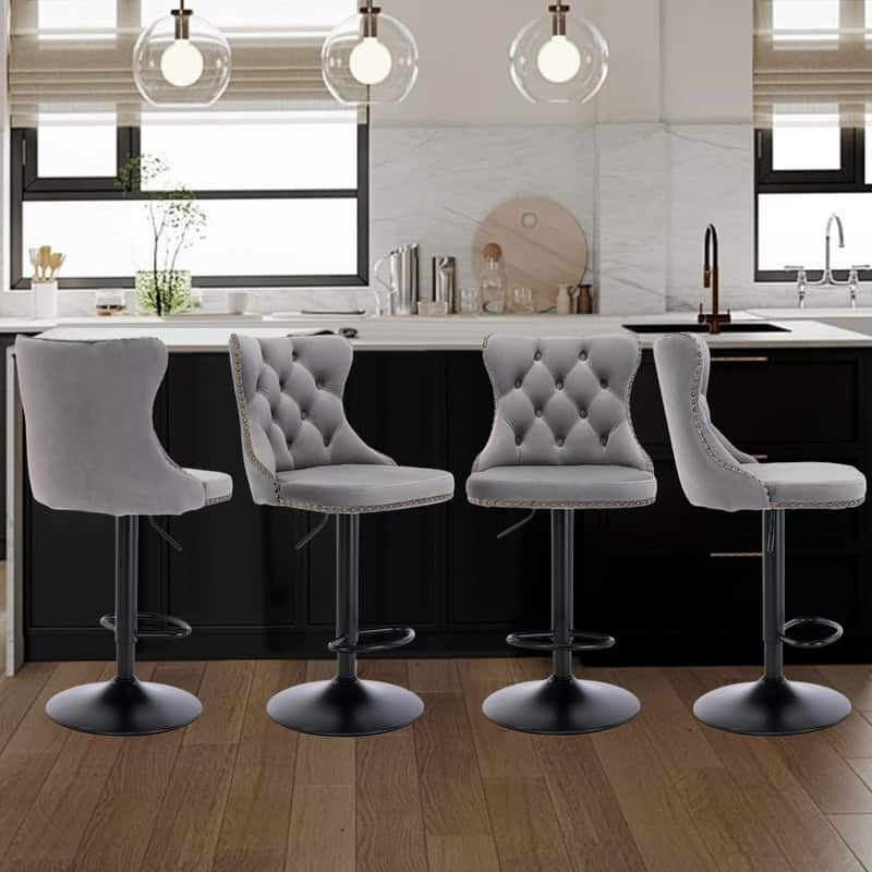 Velvet Upholstered Nailheads Tufted Swivel Bar Stools (Set of 6) - Grey BlackBase Set of 4