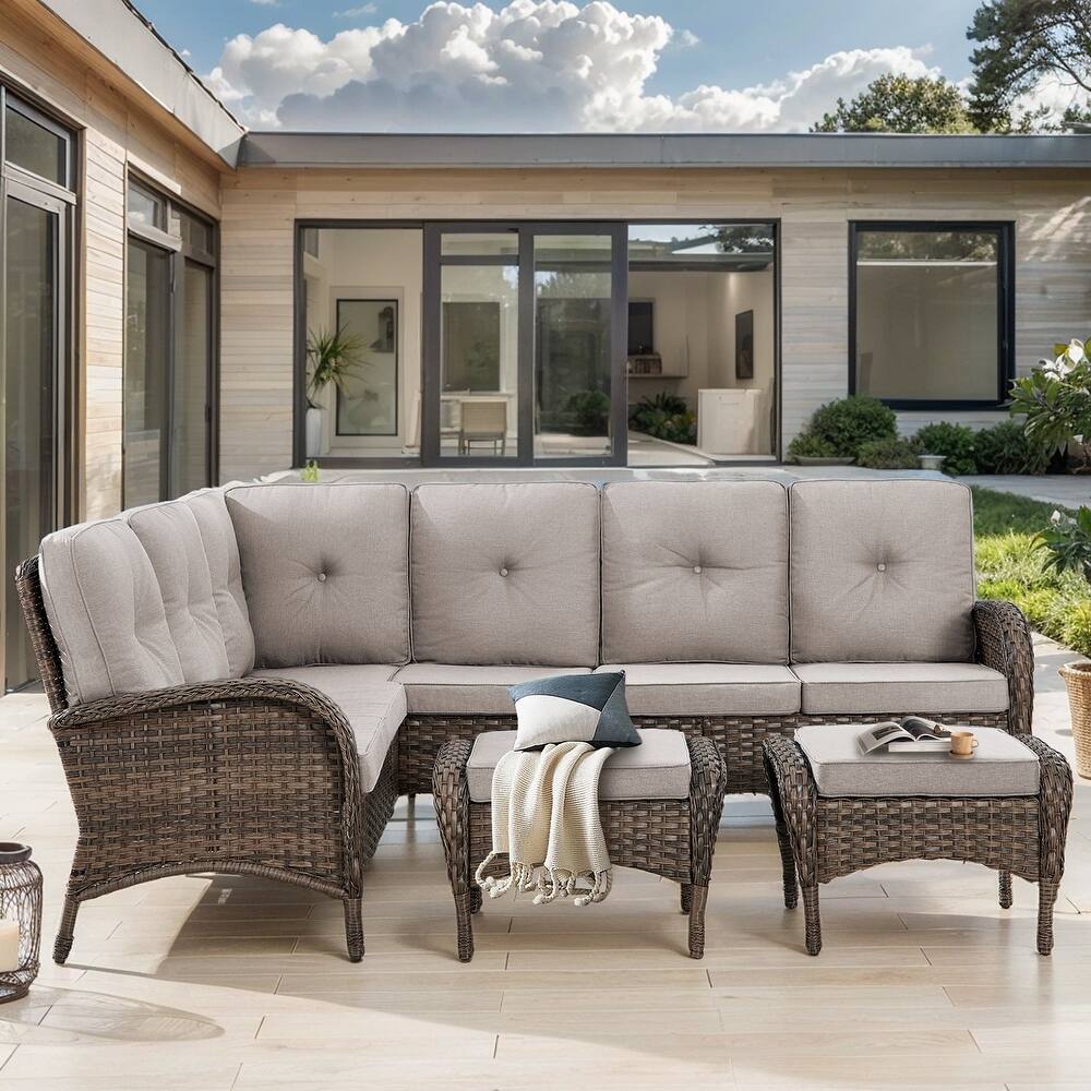 Gymojoy L-Shaped Outdoor Sectional Sofa Set with Wicker Ottomans