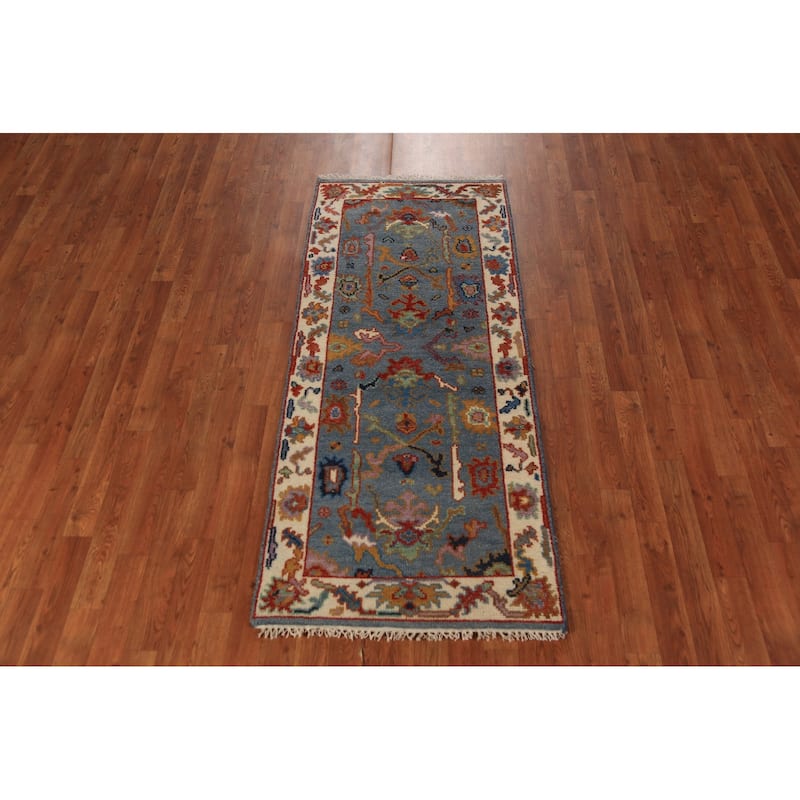 Blue Gray Floral Oushak Indian Foyer Rug Hand-Knotted Wool Carpet - 2'6"x 5'11"