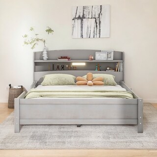 Classic Full Size Platform Kids Bed Frame with LED Light, Multi-functional Storage Headboard and Safety Guardrail, Antique Grey