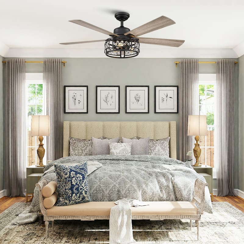 52" Oak Wooden 5-Blade Crystal LED Ceiling Fan with Remote - 3-Light