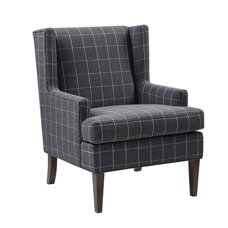 Roomfitters 360 Degree Swivel Accent Chair, Plaid Wingback Armchair, Upholstered Martha Stewart Lounge Seating, Charcoal Grey