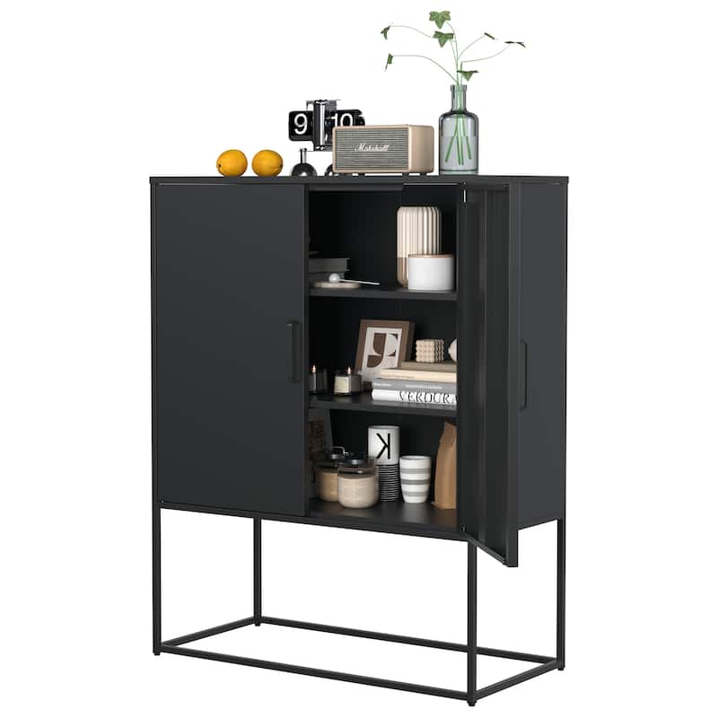 Heavy Duty Metal Buffet Sideboard Modern Steel Storage Cabinet with 2 Shelves, Free Standing Accent Cabinet with Magnetic Doors