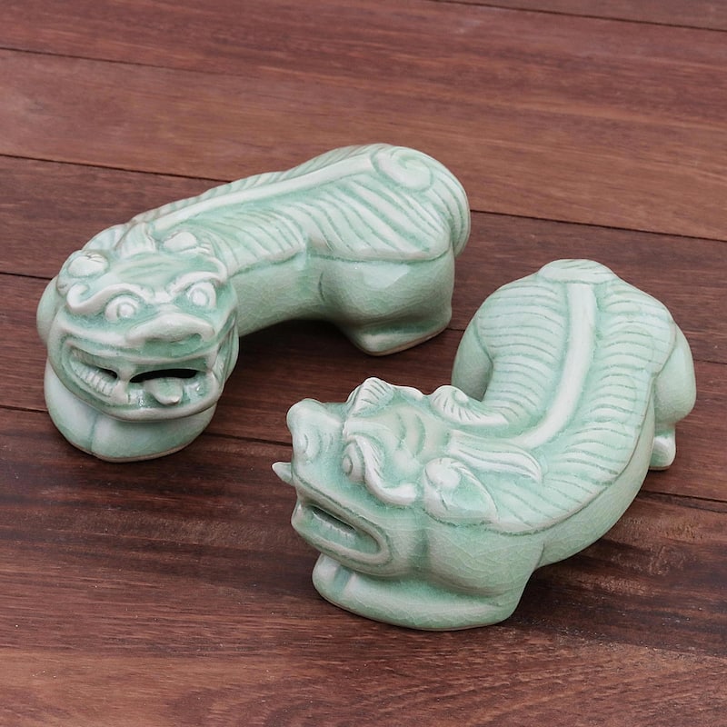 Novica Handmade Pi Xiu Celadon Ceramic Sculptures (Pair)