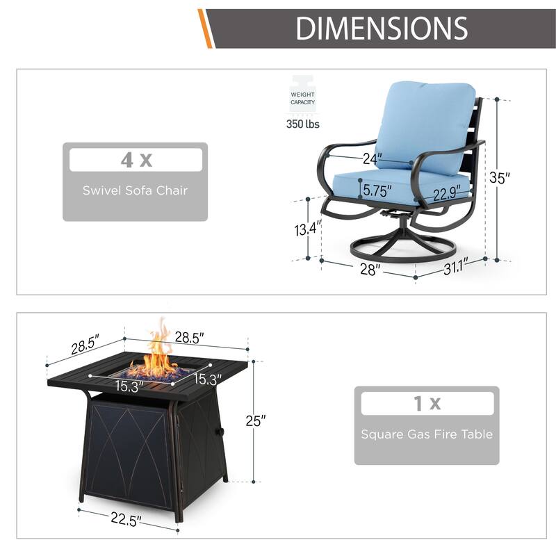 MAISON ARTS Patio Conversation Set 5 Pieces with 28'' Gas Fire Pit Table