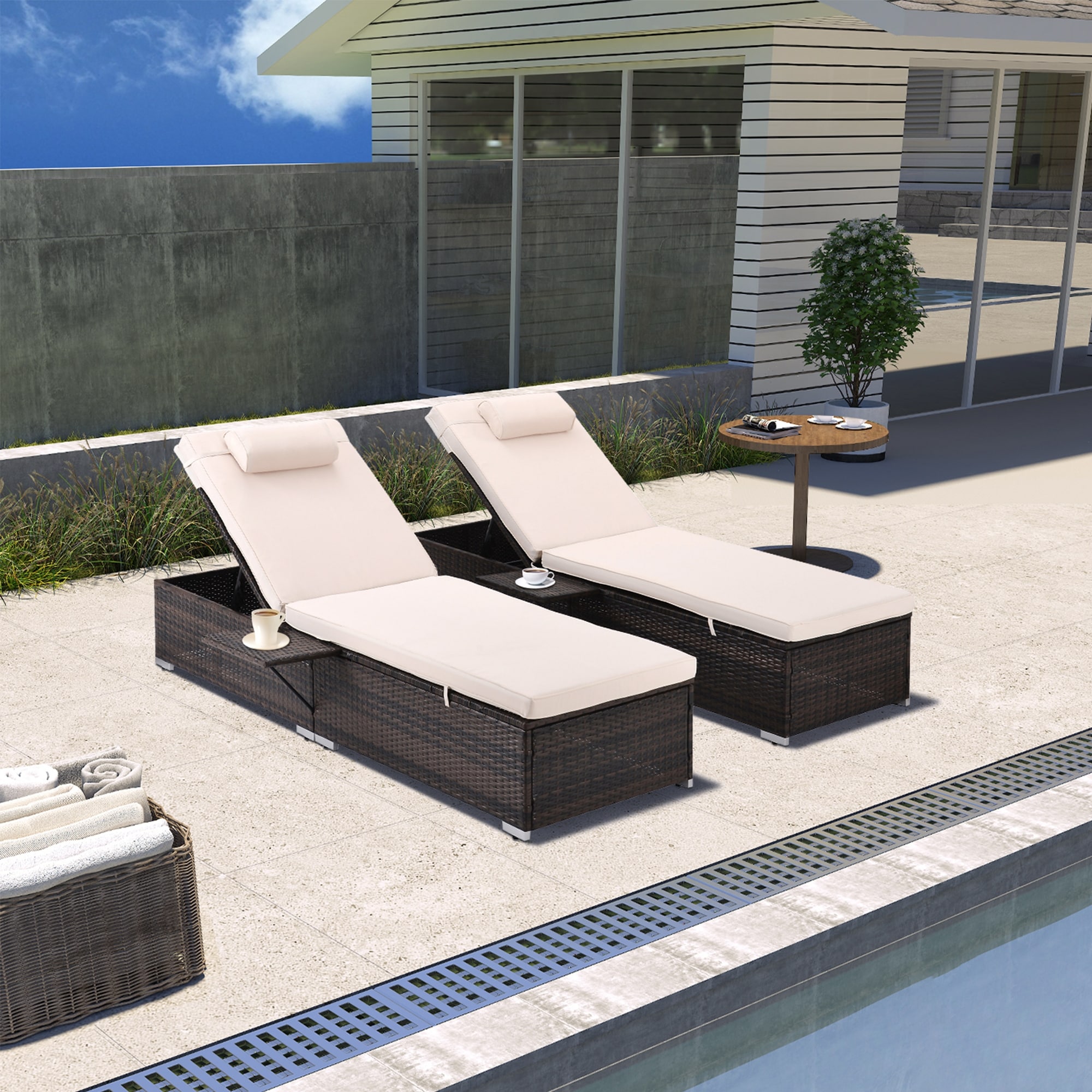 2-Piece Rattan Outdoor Patio Reclining Chair and Side Table