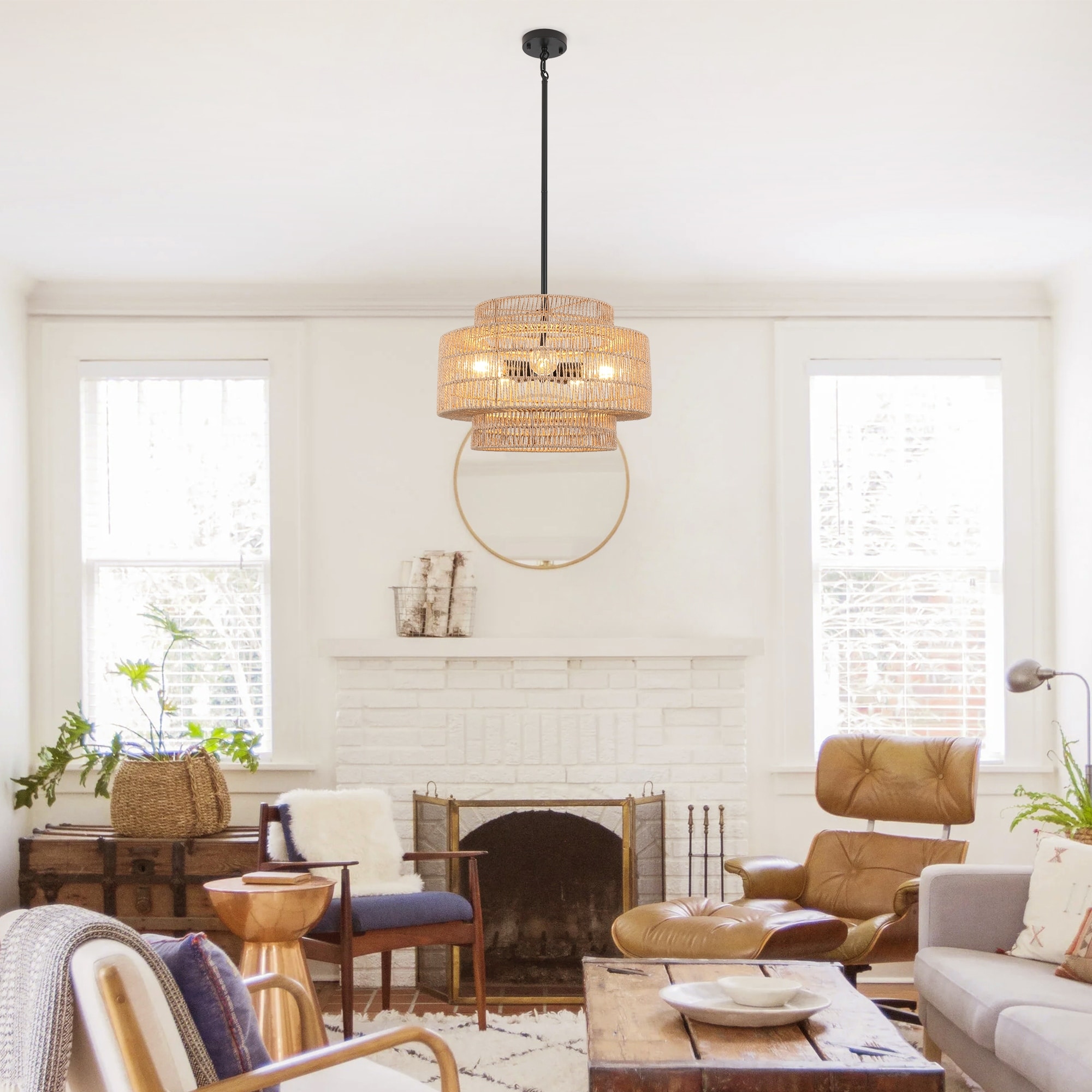 19" Boho Rattan Chandelier, 5-Light Farmhouse Rustic Hanging Ceiling Lamp for Bedroom, Living Room