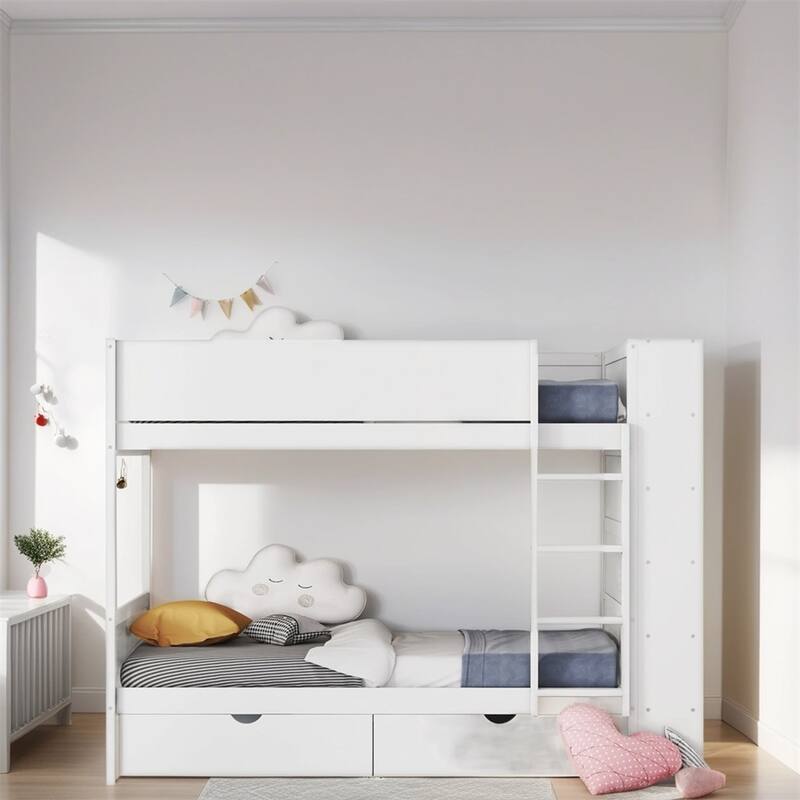 Twin Over Twin Wood Bunk Bed with 2 Drawers and Multi-layer Cabinet - White