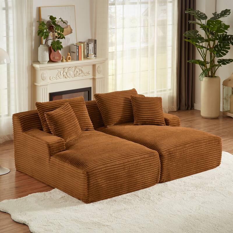 Oversized Corduroy Boneless Double Chaise Lounge, Sectional Deep Seat Cloud Couch, Full-Compressed Loveseat Sleeper Sofa - Orange