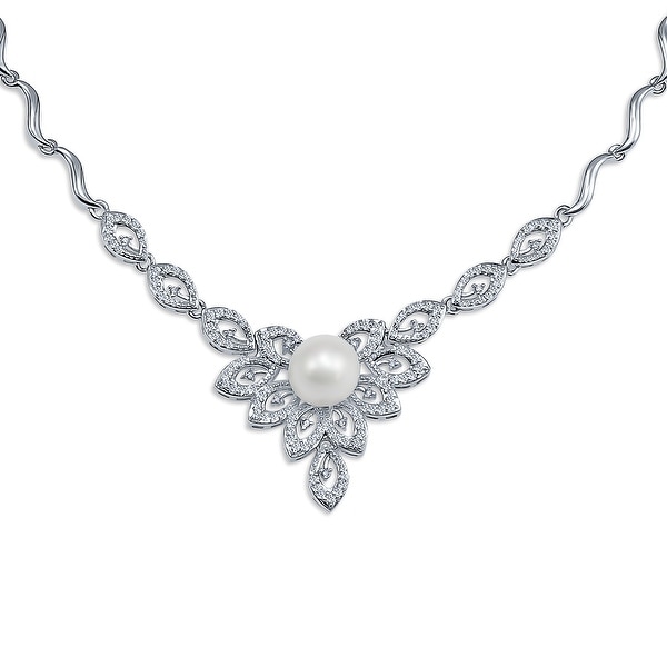Vintage Style Statement V Necklace Leaf CZ White Imitation Pearl. Opens flyout.