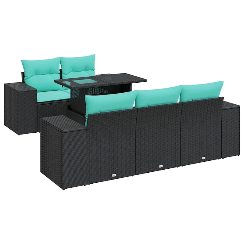 vidaXL 6 Piece Patio Sofa Set with Cushions Black Poly Rattan Acacia - 21.7 x 24.4 x 27.2