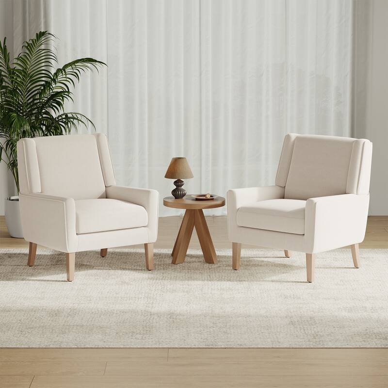 Mid-Century Linen Wing Chair - Tailored Channel Tufting & Walnut Tapered Legs, Compact Accent for Reading Nooks - Set of 2 - Beige