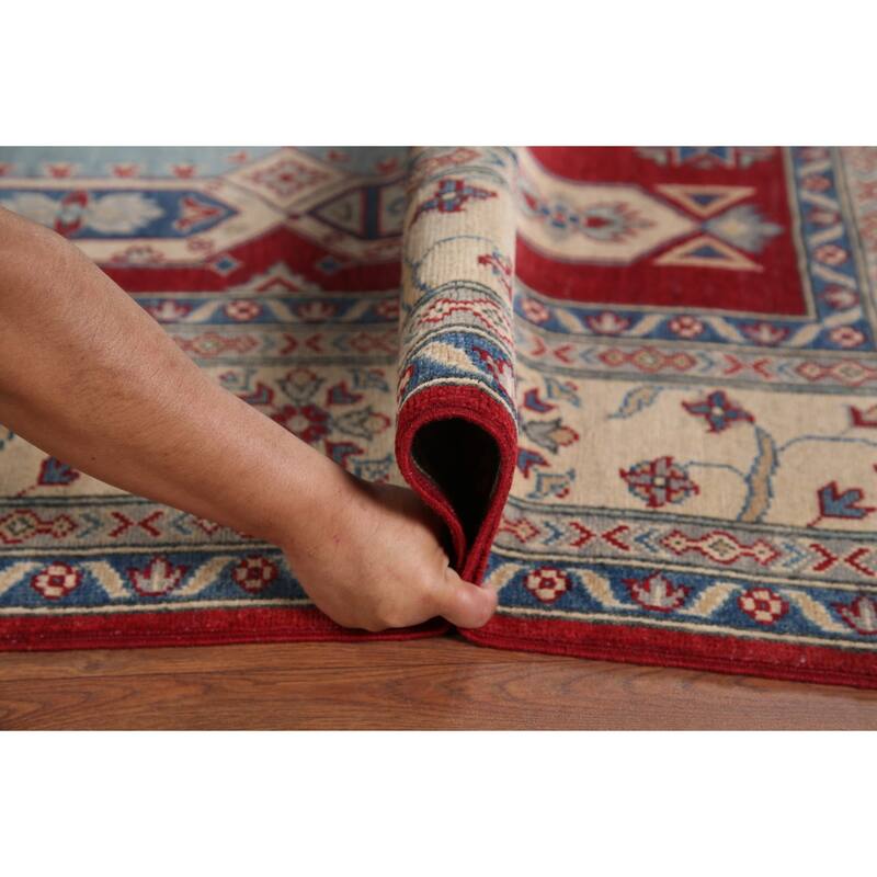 Hand Knotted Oriental 100% Wool Carpet Traditional Geometric Navy Blue & Blues Kazak Area Rug - 9' 6'' X 6' 8''