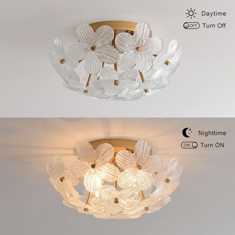 Frieda Modern 3-Light 16" Brushed Brass Clear Glass Flower Flush Mount - 16 inches in diameter x 7.5 inches H
