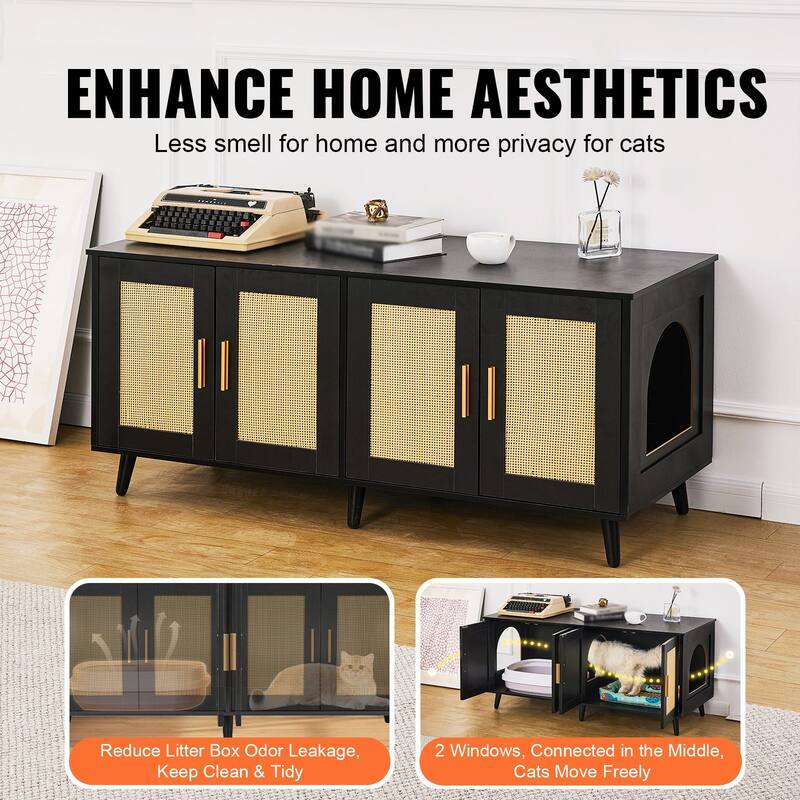 Multi-Functional Cat Litter Box Enclosure Furniture Hidden with 2 Windows and 4 Doors