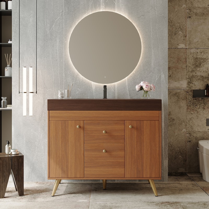 36" Modern Freestanding Bathroom Vanity with Sintered Stone Top, Ceramic Sink & Smart Storage - Brown