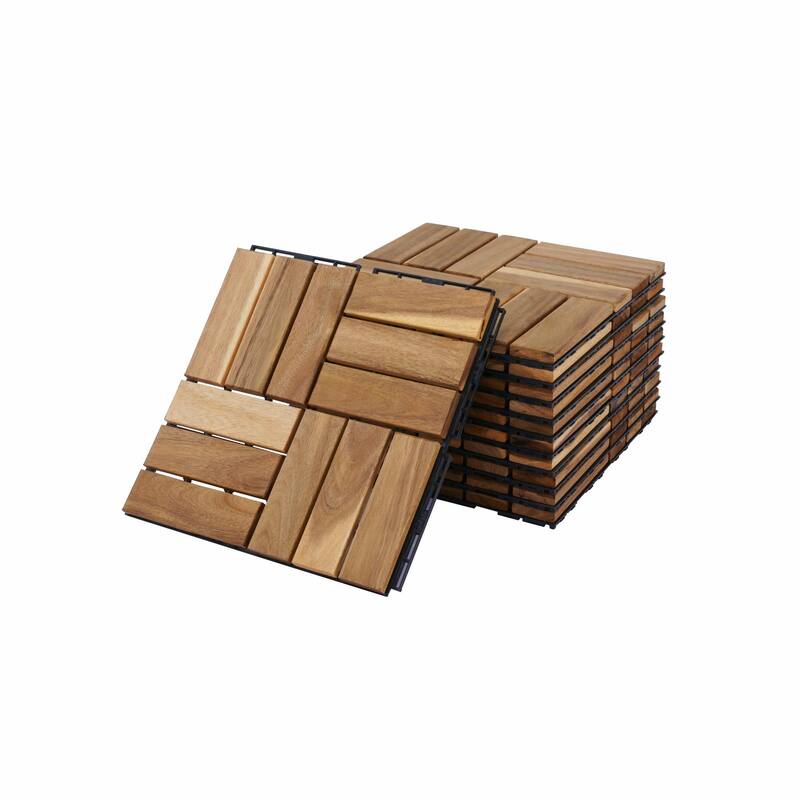 12" x 12" Square Yellow Acacia Hardwood Interlocking Deck Tiles Checker Pattern for Patio, Balcony, Poolside