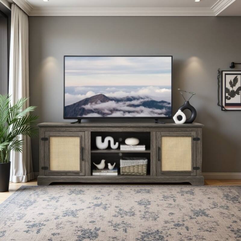 TV Stand for TVs up to 70" with Natural Rattan Doors, 2 Storage Cabinets, 3 Adjustable Shelves, Multifunctional Console Table - Antique Gray