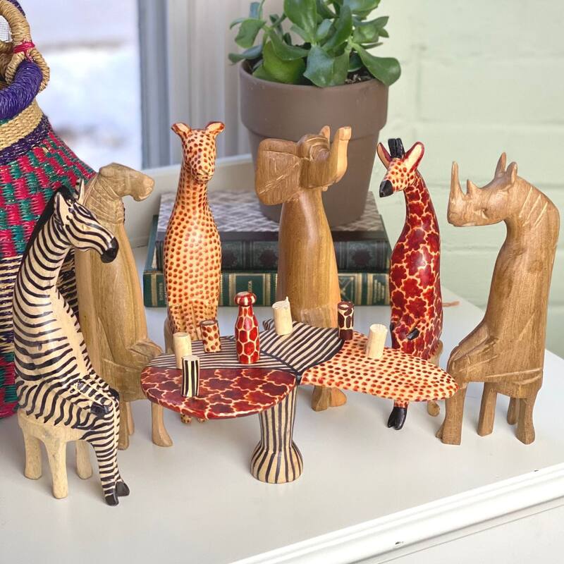 Hand-carved Mahogany Safari Party Animals, 13-Piece Set
