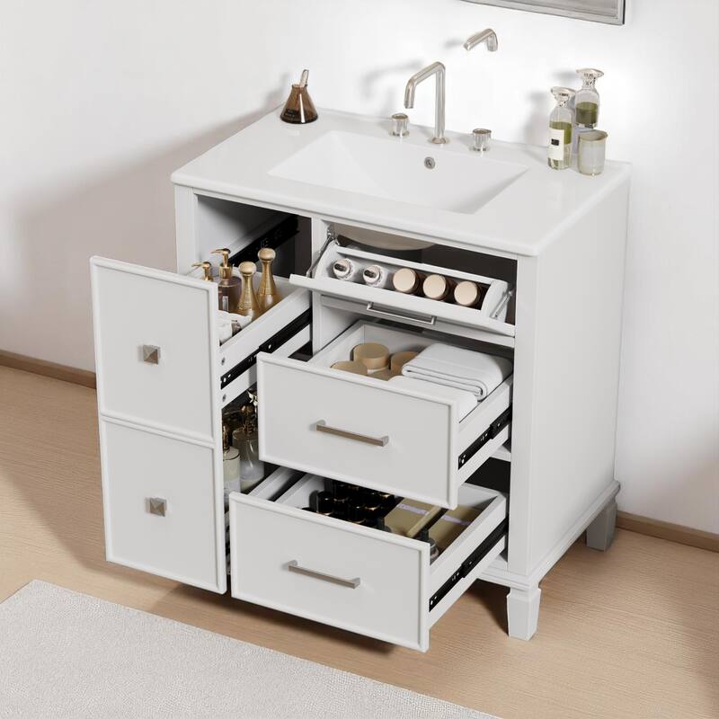 30" Bathroom Vanity with Sink, Freestanding Cabinet with Flip-Out Drawer & Double-Layer Storage, Solid Wood with Ceramic Basin