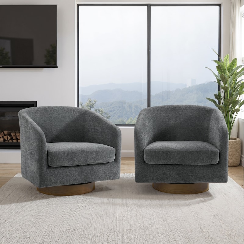 2 Set Modern Wide Round Swivel Accent Barrel Chairs - Chenille - Grey/Chenille-Set of 2