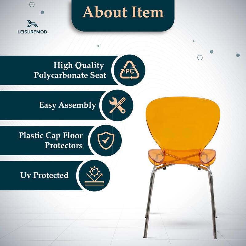 Stackable Plastic Dining Chair with Chrome Legs Set of 4 Transparent Accent Side Chair for Indoor and Outdoor